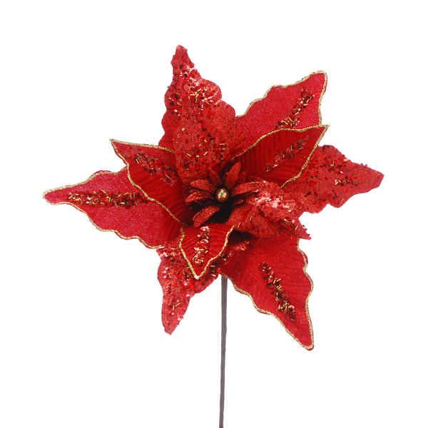 Stem- Red Poinsettia with Sequins