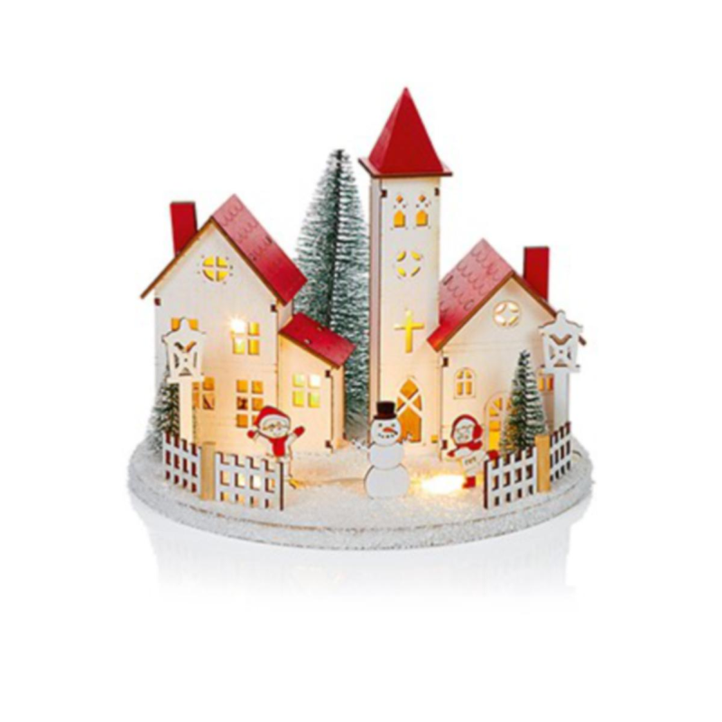 BO Lit White Wood Red Round Xmas Scene