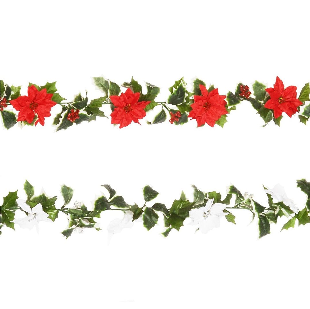 1.83m POINSETTIA GLITTER BERRY HOLLY GARLAND