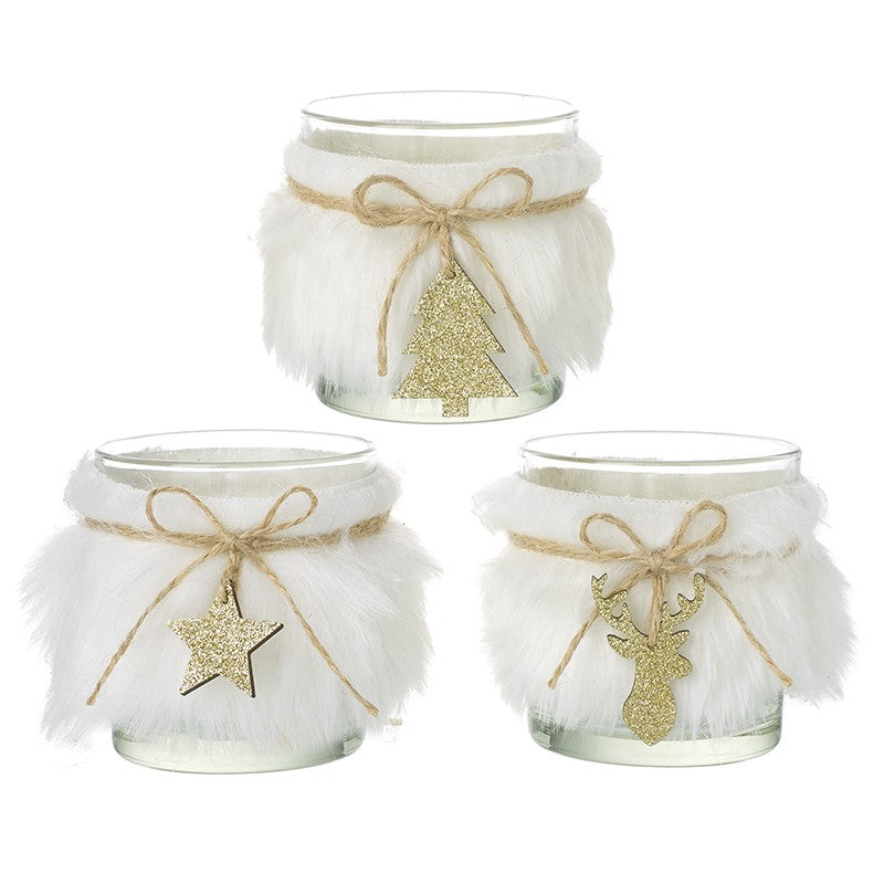 White Fluffy T-Light Holder Set
